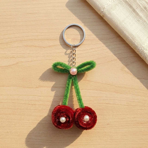 Cute Fuzzy Cherry Keychain with Pearl Accents SK-3104