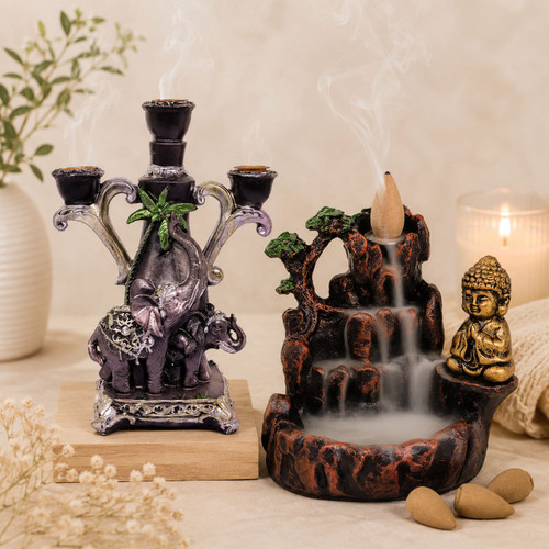 Buddha Statue with Incense Burner & Elephant Design Candle Stand