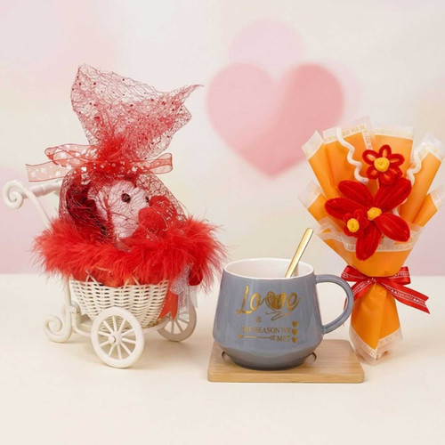 Romantic Teddy & Love Mug Gift Set With Fuzzy Flower Bouquet SK-3113