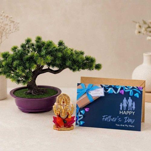 Father’s Day Gift Set with Artificial Bonsai Tree, Ganesh Statue & Greeting Card JNK-7396