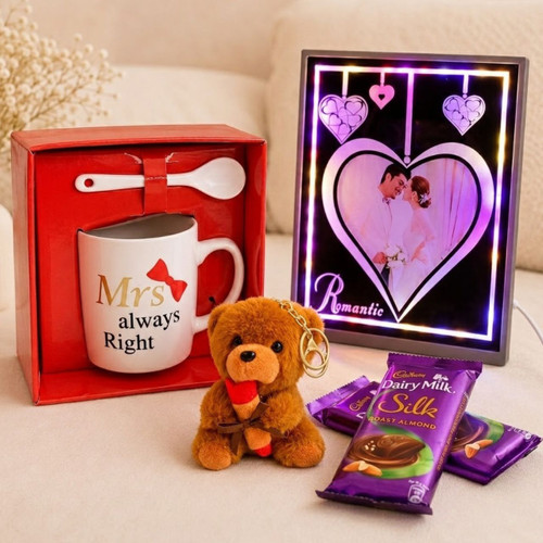 Teddy Keyring, Mug & Chocolate Gift Set with LED Photo Frame for Her