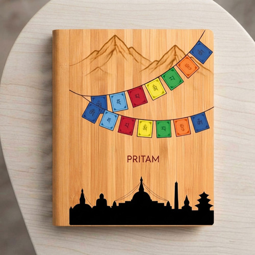 Kathmandu Skyline Wooden Diary with Prayer Flag, Mountain & Name Engraving