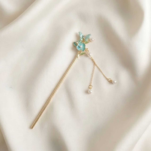 Elegant Blue Floral & Butterfly Hair Pin with Pearl HC-409