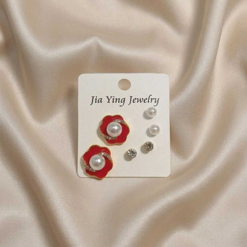 Red Floral, Pearl & Crystal Trio Earring Set JR-414