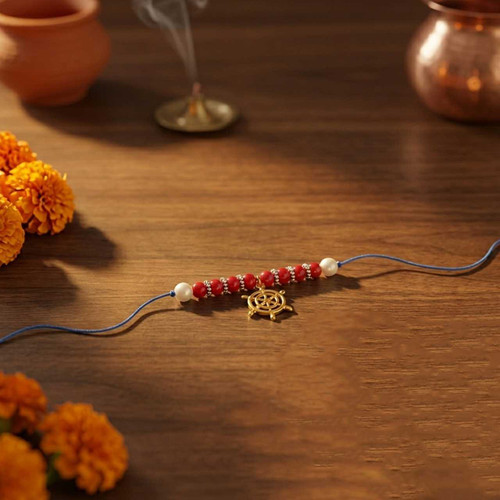 Elegant Pearl & Red Bead Rakhi with Turtle Charm RK-12