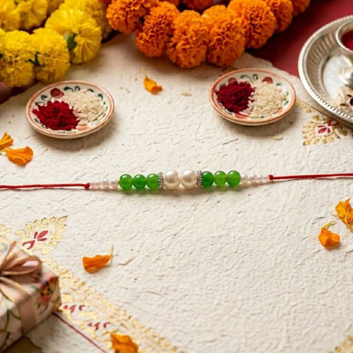 Classic Sibling Bond Rakhi with Pearl & Green Beads Design RK-14