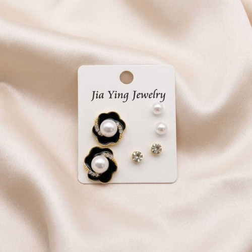 Elegant Black Floral Pearl & Crystal 3-Pair Earring Set JR-415