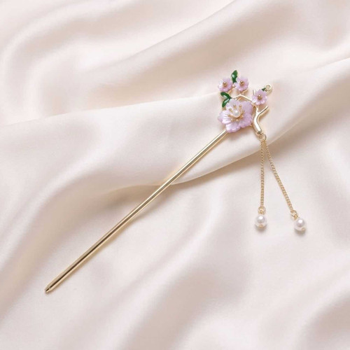 Purple Blossom Pearl Gold Chain Hair Pin HC-412