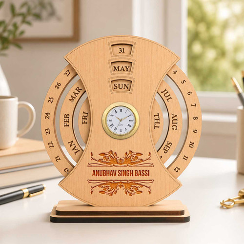 Personalized Hourglass Design Wooden Calendar With Clock - Desk Organizer Gift SK-3137