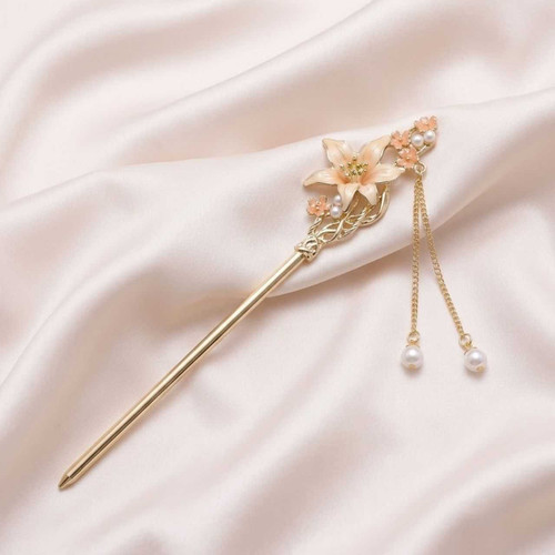 Peach Floral Gold Hair Pin with Pearl Details HC-413