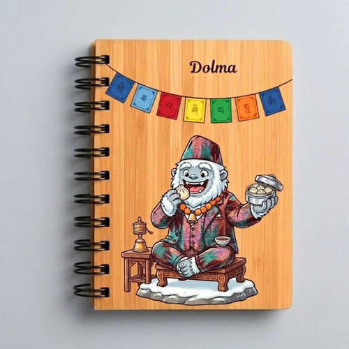 Personalized A5 Wooden Cover Diary with Himalayan Yeti & Prayer Flags Design JNK-7422