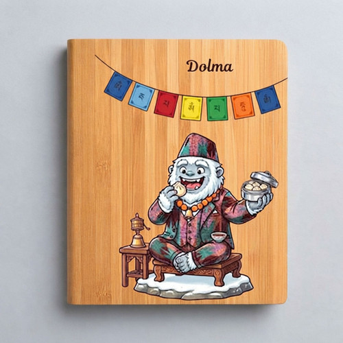 Personalized Wooden Cover Diary with Himalayan Yeti & Prayer Flags Design
