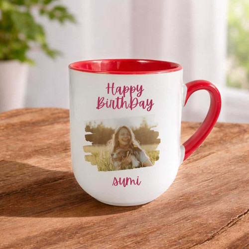 Personalized Occasion-Themed Photo & Name Printed Red-Handled Mug SPM-800