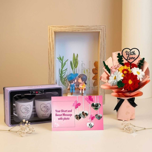 Couple Special Gift Combo with Mugs, Photo Frame & Fuzzy Flower Bouquet JNK-7455