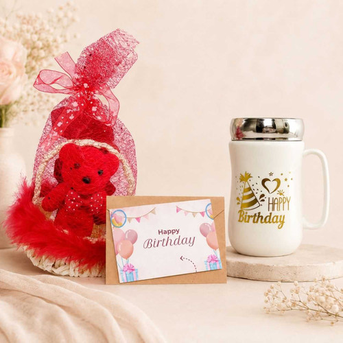 Birthday Gift Combo with Teddy Showpiece, Mug & Personalized Card JNK-7456