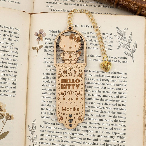 Personalized Hello Kitty Wooden Bookmark with Heart Charm