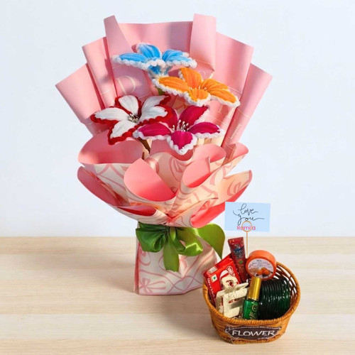 Fuzzy Lily Bouquet with Sharwan Accessories Gift Basket JNK-7467