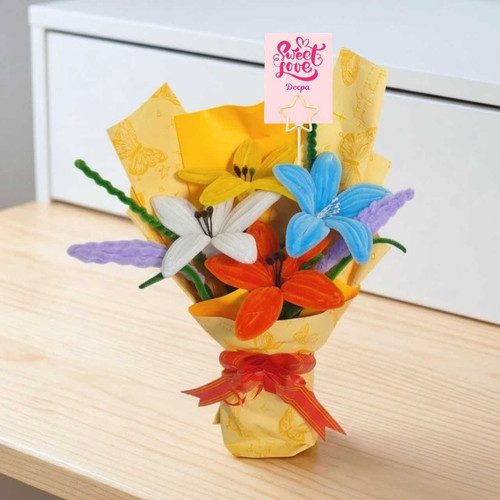 Handcrafted Fuzzy Lily Bouquet with Personalized Name Printed Card JNK-7479