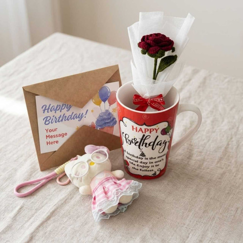 Birthday Gift Combo with Kitty Keyring, Mug & Crochet Rose JNK-7487