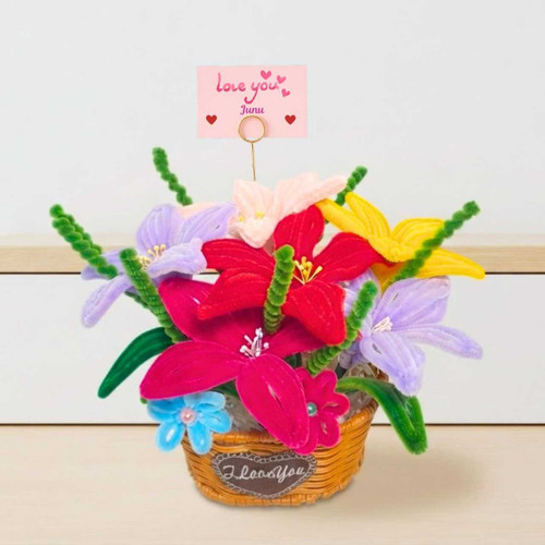 Fuzzy Floral Basket with Personalized Name Printed Card JNK-7493