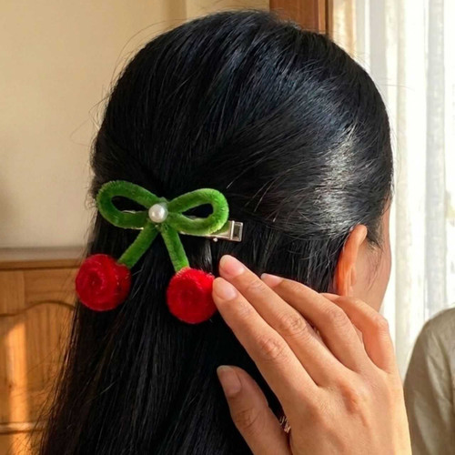 Red Cherry Design Fuzzy Hair Clip HC-321