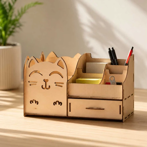 Cute Wooden Cat Desk Organizer with Drawer SK-3297
