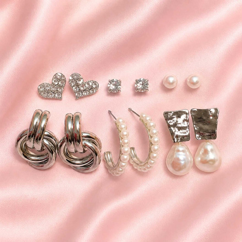 Stylish 6-Pair Silver Earrings for Women JR-453
