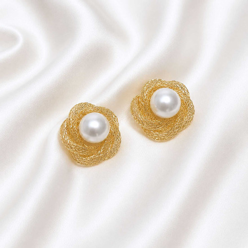 Gold Floral Pearl Stud Earrings JR-448