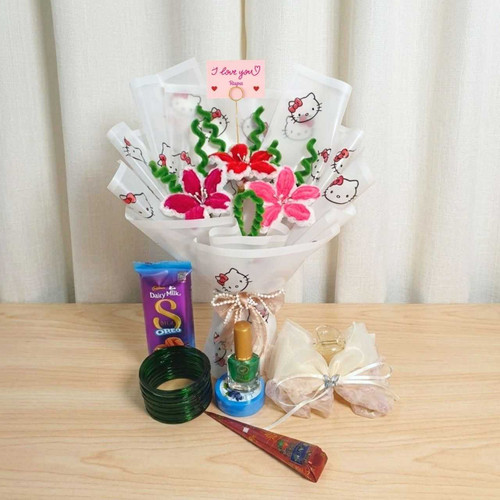 Lily Fuzzy Flowers Bouquet with Shrawan Accessories Gift JNK-7525