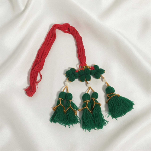 Traditional Red Chulthi Dhago with Green Floral Tassels and Pearls