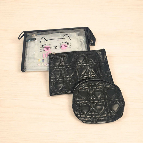 3-in-1 Meow Cosmetic Pouch Set in Black MUP-14