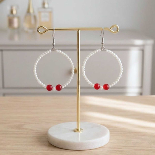 Red & White Beaded Hoop Earrings JR-463