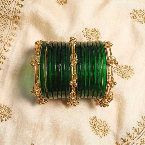 Golden Jhumka Bangles with 1 Dozen Green Bangles Medium Size JNK-7550