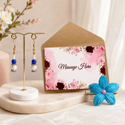 Blue Fuzzy Hair Clip & Layered Earrings Set With Personalize Card SPM-844