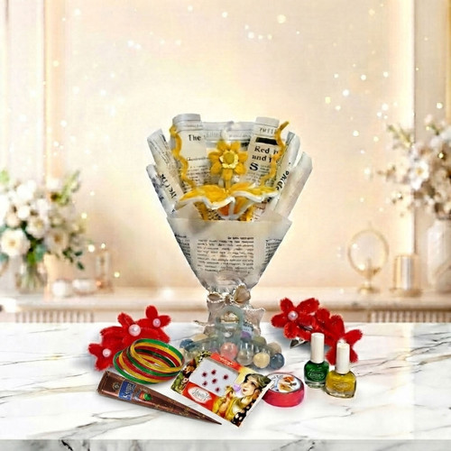 Yellow Lily Fuzzy Bouquet Gift Set with Bangles, Mehendi & Accessories