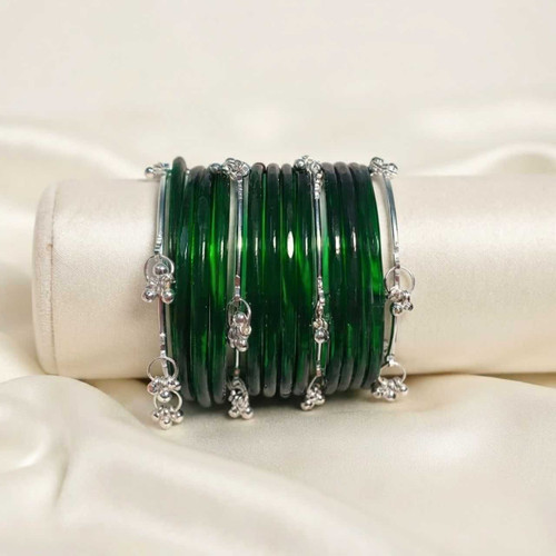 Green Glass Chura Set with Silver Jhumka Bangles JNK-7585