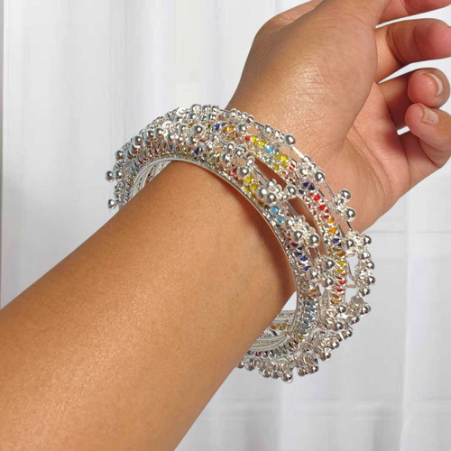 Silver-Tone Ghungroo Bangles with Multicolor Beaded Set of 2 Bala-31