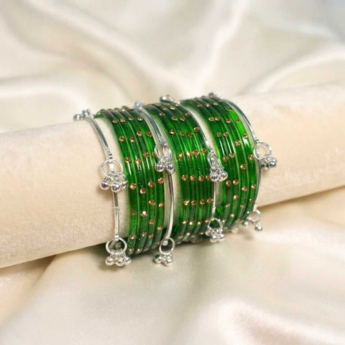 Green Glass Chura with Silver Jhumka Bangles JNK-7586