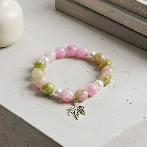 Pink & Green Beaded Bracelet with Leaf Charm Bala-42