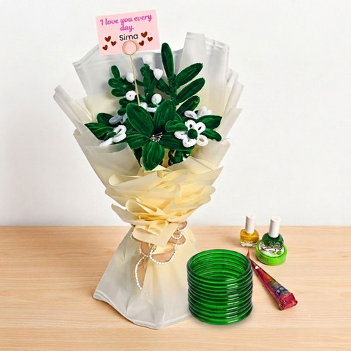 Green Fuzzy Lily Bouquet with Green Bangles, Mehendi & Nail Polish