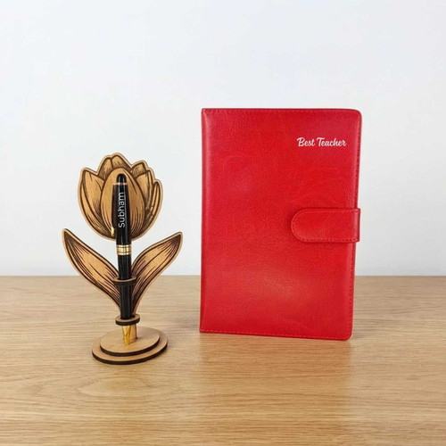 Best Teacher Notebook with Personalized Tulip Wooden Pen Holder Set DKG-1427