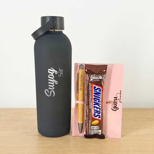 Personalized Bottle & Bamboo Pen Gift Set with Guru Purnima Card DKG-1429