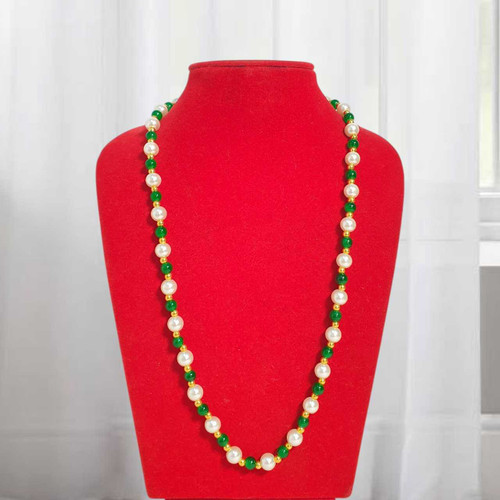 White Moti Mala with Green & Golden Beads Pote-147