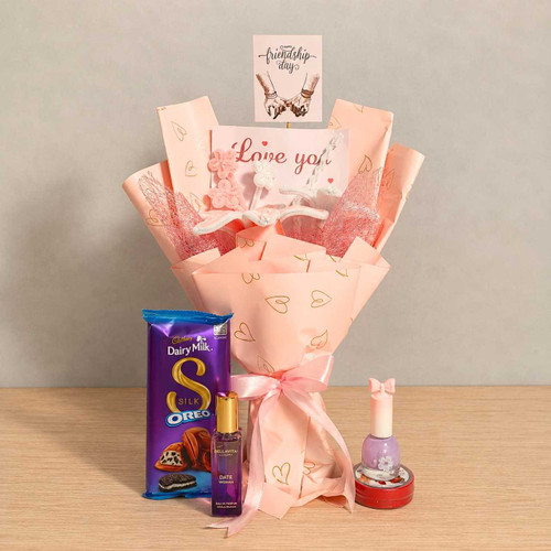 Pink & White Fuzzy Lily Bouquet With Chocolate Gift Set DKG-1485