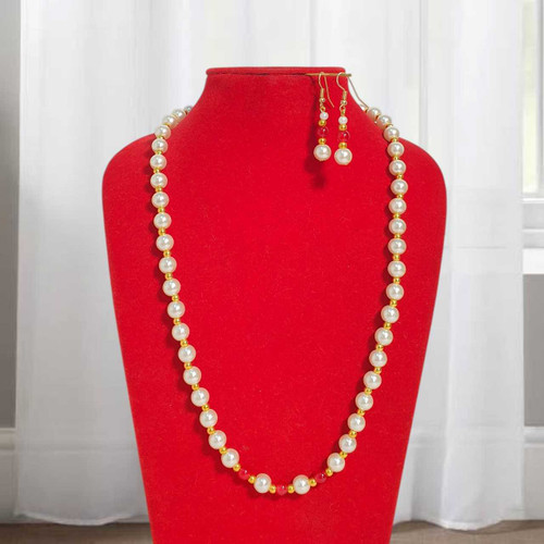 White Pearl Necklace and Earrings Set with Red & Golden Beads Pote-152