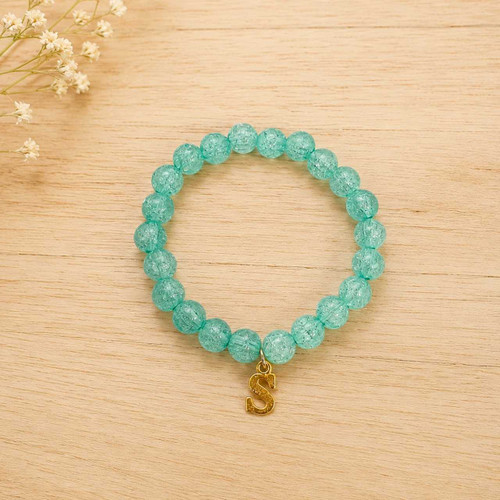 Aqua Crystal Beaded Stretch Bracelet with Initial Charm Bala-52