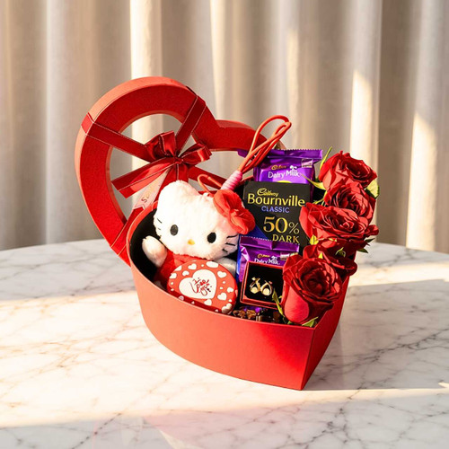 Love Themed Gift Hamper with Teddy Keychain, Roses & Chocolates JNK-7651