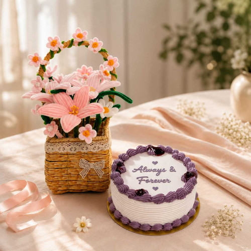 Blueberry Mini Cake & Fuzzy Lily Flower Gift Basket JNK-7657