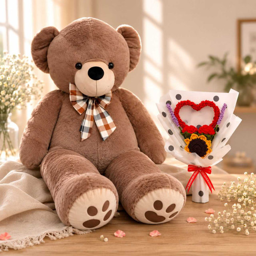 Giant Brown Teddy 63" & Crochet Flower Bouquet JNK-7659