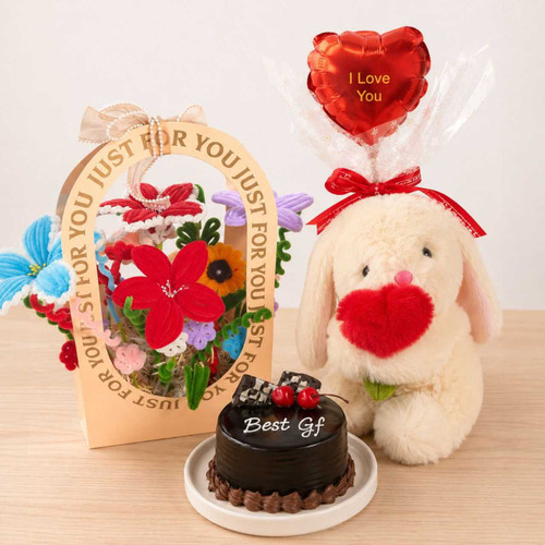 Mini Mousseline Cake, Fuzzy Flowers & Bunny Gift for Her JNK-7667
